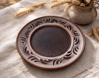 Handmade Clay Dinner Plate, Rustic Ukrainian Pottery Dish, Terracotta Ceramic Serving Plate