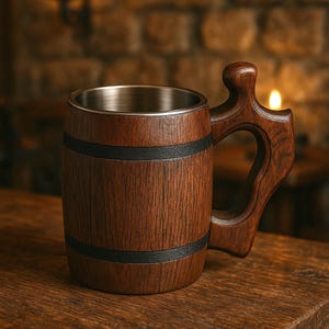 Wooden Beer Mug, 0.5L Oak Beer Stein, Stainless Steel Beer Tankard, Handmade Viking Style Mug, Groomsmen Gift, Medieval Cup, Gift For Him