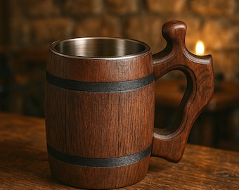 Wooden Beer Mug, 0.5L Oak Beer Stein, Stainless Steel Beer Tankard, Handmade Viking Style Mug, Groomsmen Gift, Medieval Cup, Gift For Him