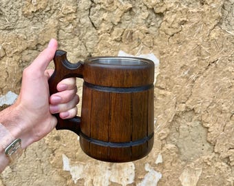 Wooden Beer Mug, Oak Beer Stein, Stainless Steel Beer Tankard, Handmade Viking Style Mug, Unique Beer Gift for Men, Groomsmen Gift