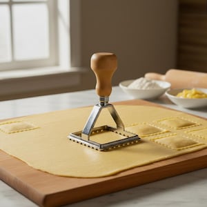 May include: A ravioli stamp with a wooden handle and a stainless steel square cutter. The stamp is pressed into a sheet of pasta dough on a wooden cutting board, creating square ravioli shapes. Other ingredients are in the background.