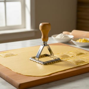Ravioli Stamp Cutter, Stainless Steel Pasta Tool with Wooden Handle, Square Shape Ravioli Maker