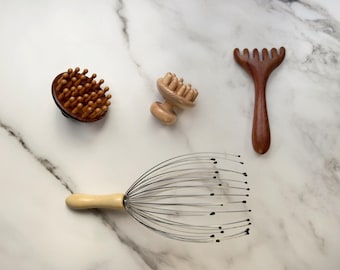 Kopf- und Nackenmassage-Set, 4-teiliges Massage-Set aus Holz, Kopfhautmassagegerät zur Lymphdrainage