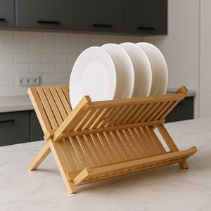 Wooden Dish Drying Rack, Foldable Plate Rack, Two-Tier Dish Drainer, Beech Wood Kitchen Organizer, Kitchen Dish Stand, Kitchen Gift