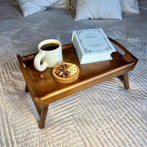 Wooden Bed Tray Table with Folding Legs, Laptop Bed Desk, Dark Wood Bed Serving Tray, Handmade wood Lap Table, Anniversary Gift