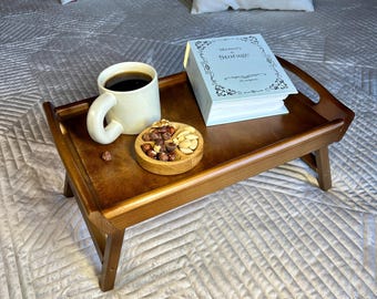 Wooden Bed Tray Table with Folding Legs, Laptop Bed Desk, Dark Wood Bed Serving Tray, Handmade wood Lap Table, Anniversary Gift