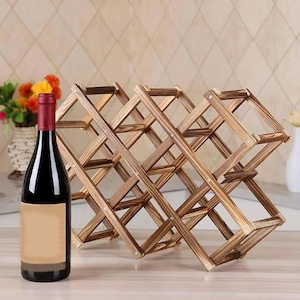 Botellero de madera, soporte para 10 botellas, soporte plegable para vino, almacenamiento de vino, estante de madera de pino, soporte para botellas de encimera, regalo para amantes del vino.