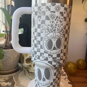 40oz Floral Skull tumbler with Handle & Straw, Gift For Him, Gift For Her, Personalized Gifts, Bridesmaid Tumbler, 40 oz tumbler cup