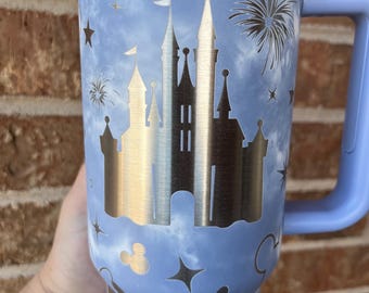 40oz Mouse and Castle Tumbler with Handle & Straw, Gift For Him, Gift For Her, Personalized Gifts, Bridesmaid Tumbler, 40 oz tumbler cup