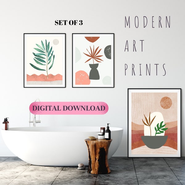 Green Leaf Neutral Boho Wall Art, Instant Digital Download, Boho Prints, Earthy Prints, Abstract Decor Prints, of 3 Piece Print Set