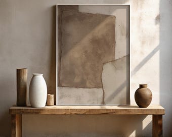 May include: A framed abstract painting with brown and beige tones hangs above a wooden bench. Three ceramic vases and a small wooden box are arranged on the bench.