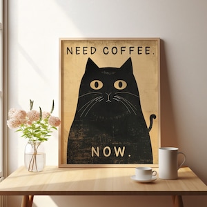 Schwarze Katze Wandkunst, Funky Cat Poster, lustige Kunst, lustige Küche Druck, schrulliges Poster, Kaffeeliebhaber Poster, Katzenliebhaber Kunst, digitaler Download