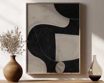 Quadro astratto neutro in stile Wabi Sabi, decorazione moderna giapponese in nero e beige (download digitale)