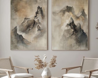 Neutral Abstract Mountains Wabi Sabi Wall Art Set. Beige Brown Japandi Decor (Digital Download)