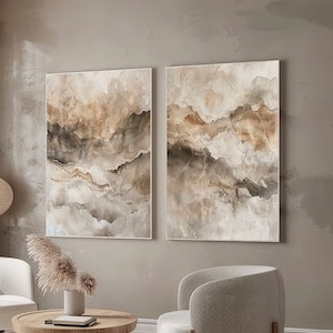 Arte abstrata bege, conjunto de 2, arte de parede neutra marrom, impressão de sala de estar nórdica moderna, arte de parede de quarto minimalista neutra, download digital