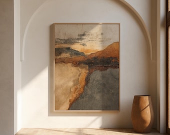 Arte mural abstracto texturizado estilo wabi sabi. Pintura japonesa moderna en terracota, óxido y beige. Impresión digital.
