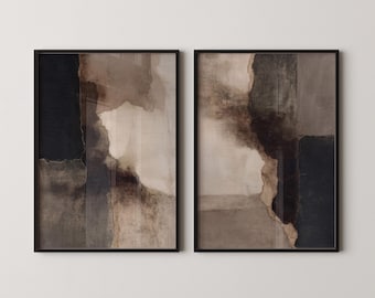 Abstract Wabi Sabi Wall Art Set. Modern Black, Beige Mixed Media Prints. Digital Download