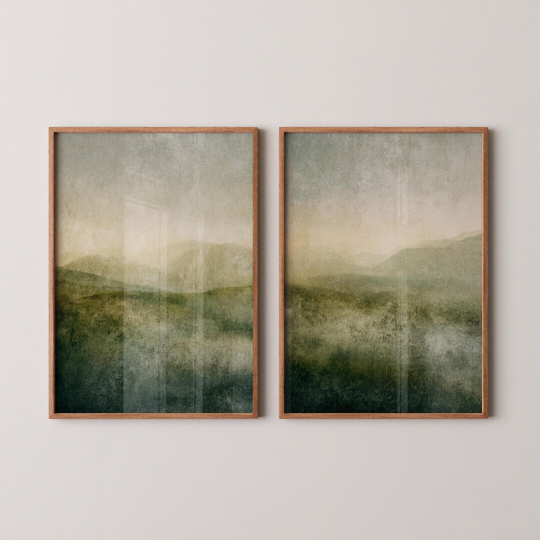 Wabi Sabi Wall Art | Set of 2 | Sage Green Landscape Paintings ...