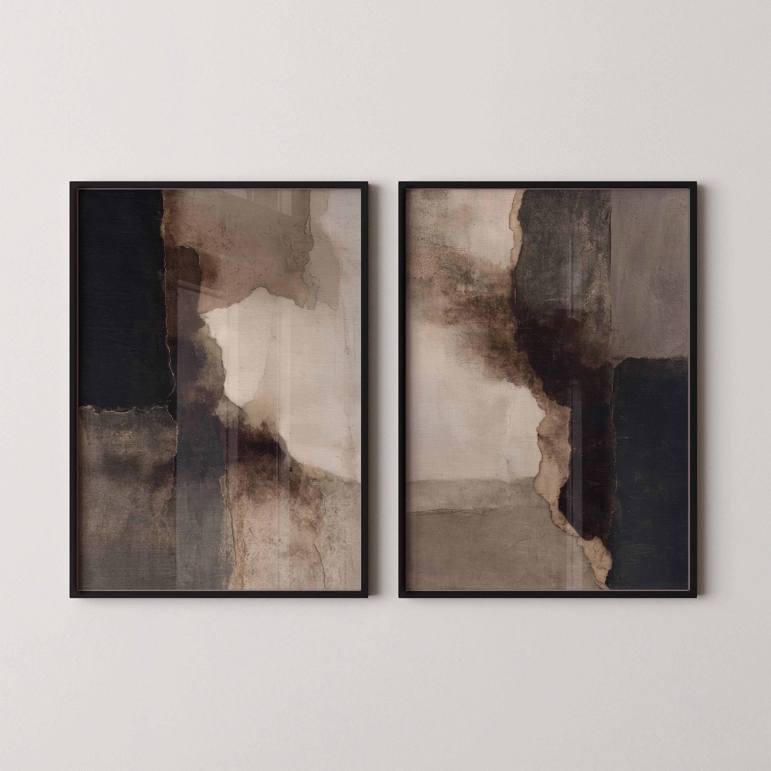 Abstract Wabi Sabi Wall Art Set. Modern Black, Beige Mixed Media Prints ...