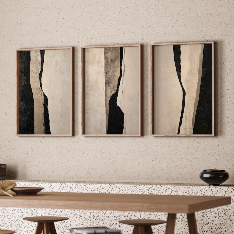 Textured Wabi Sabi Wall Art Set of 3, Beige Black Abstract Print ...