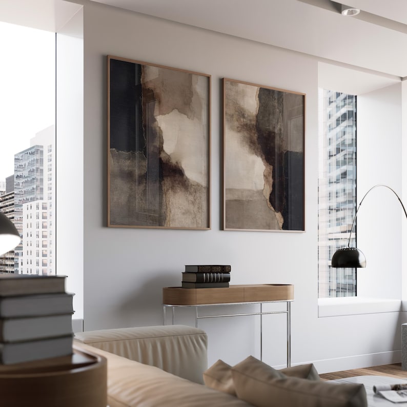 Abstract Wabi Sabi Wall Art Set. Modern Black, Beige Mixed Media Prints ...