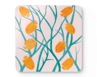 Corkwood Coaster Set Orange Fish in Seaweed