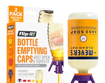 Flip-It! 2-Pack Bottle Emptying Kit – Maximize Use for Shampoos, Lotions, Conditioners & More – 2 Base Caps, 6 Adapters - Bright Colors
