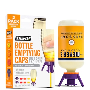 May include: Two-pack of bright colored bottle emptying caps with a purple stand and six adapters. The caps are reusable and fit most bottles. The image also shows a bottle of Meyer's Clean Day Lemon Scented Hand Soap with a purple stand and a bottle emptying cap.