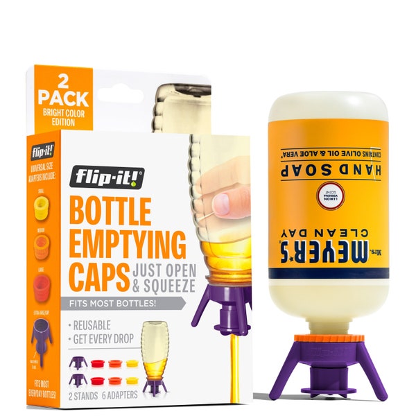 Flip-It! 2-Pack Bottle Emptying Kit – Maximize Use for Shampoos, Lotions, Conditioners & More – 2 Base Caps, 6 Adapters - Bright Colors