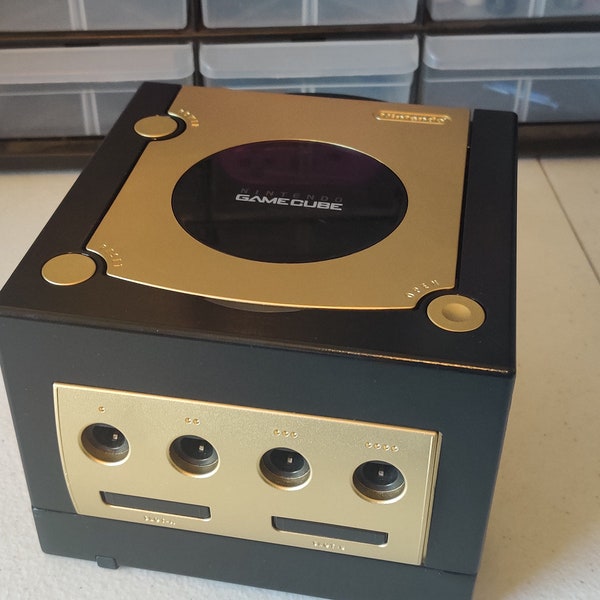 GameCube Console - Model DOL 001 - Gold and Black - Authentic Item Hand Painted Bundle with cords and controllers (great gift bundle!)