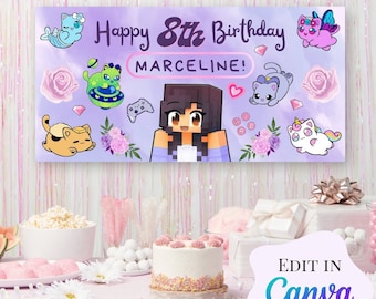Aphmau Meemeow Banner de Cumpleaños Infantil Imprimible Editable, Editable en Canva