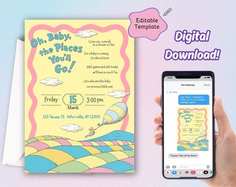 Dr Seuss, Oh Baby the Places You&#39;ll Go, Editable Printable Baby Shower Invitation, Dr Seuss Baby Shower, Baby Shower Invitation