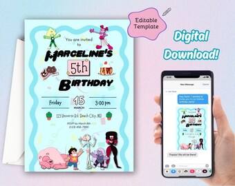 Steven Universe Editable Printable Birthday Invitation, Crystal Gems, Steven Universe Birthday Party, Cartoon Network, Garnet Amethyst Pearl
