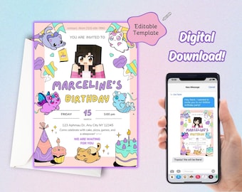 Aphmau Editable Printable Birthday Party Invitation, Editable in Canva, Birthday Invitation, Digital Minecraft Invitation, Aphamu girls
