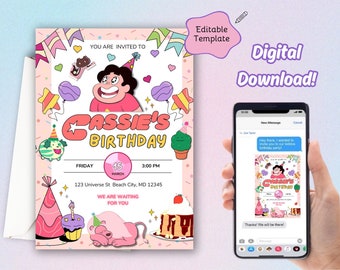 Steven Universe Editable Printable Birthday Invitation, Crystal Gems, Steven Universe Birthday Party, Cartoon Network, Garnet Amethyst Pearl