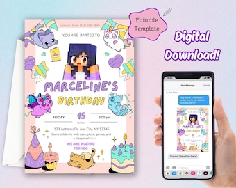 Aphmau Editable Printable Birthday Party Invitation, Editable in Canva, Birthday Invitation, Digital Roblox Invitation, Aphamu girls