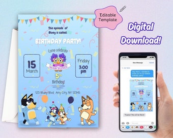 Bluey Editable Printable Birthday Party Invitation, Editable in Canva, Bluey Invitation, Disney Birthday Invitation, Bluey Birthday Party