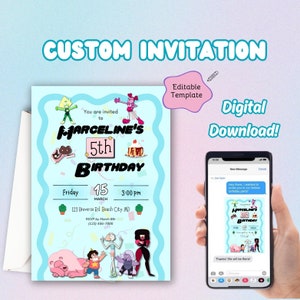 Invito di compleanno modificabile e stampabile di Steven Universe, gemme di cristallo, festa di compleanno di Steven Universe, Cartoon Network, perla di ametista granato