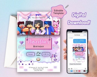 Aphmau Editable Printable Birthday Party Invitation, Editable in Canva, Birthday Invitation, Digital Roblox Invitation, Aphamu girls