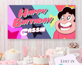 Banner de cumpleaños para niños editable e imprimible de gemas de cristal de Steven Universe, Cartoon Network, fiesta de cumpleaños de Steven Universe, editable en Canva