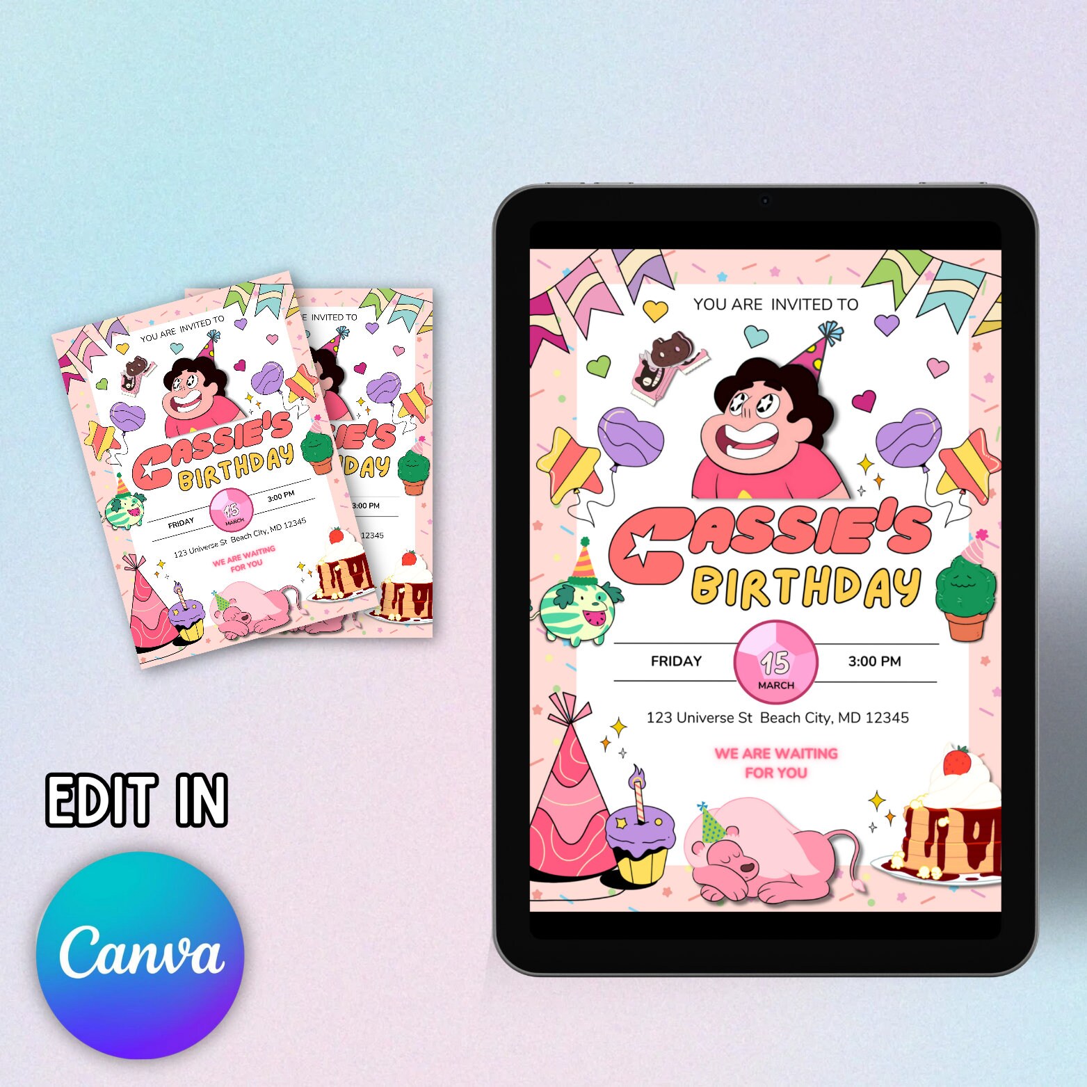 Steven Universe Editable Printable Birthday Invitation Crystal Gems 