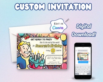 Fallout Birthday Party Editable Printable Invitation, Fallout 4, Fallout 76, Fallout New Vegas, PipBoy, Boys Birthday, Editable in Canva