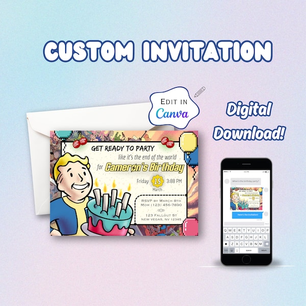 Fallout Birthday Party Editable Printable Invitation, Fallout 4, Fallout 76, Fallout New Vegas, PipBoy, Boys Birthday, Editable in Canva