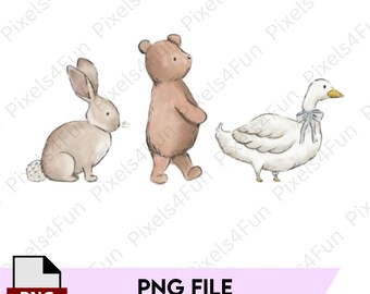 Nursery Animals, Baby Shower, Baby Nursery, Cottagecore, Forest Animals, Bunny, Bear, Goose, PNG file