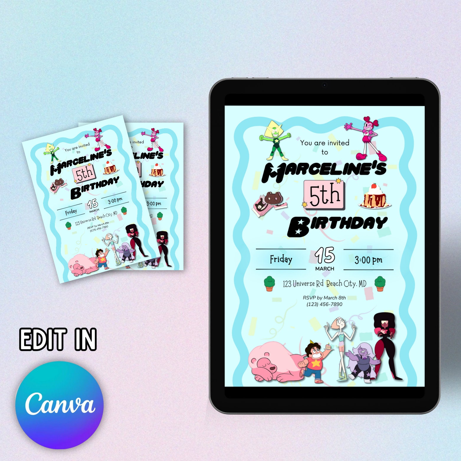 Steven Universe Editable Printable Birthday Invitation Crystal Gems 
