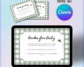 Gingham Cottagecore Books for Baby Insert Card, Editable Printable Baby Shower Insert Card, Gingham Baby Shower, Cottagecore Baby Shower