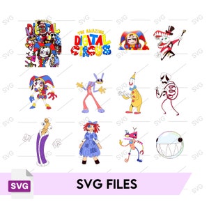 May include: A collection of colorful digital circus-themed SVG files. The designs include various cartoon characters, clowns, and the text "THE AMAZING DIGITAL CIRCUS". The SVG file icon is in the lower left corner, and the text "SVG FILES" is at the bottom.