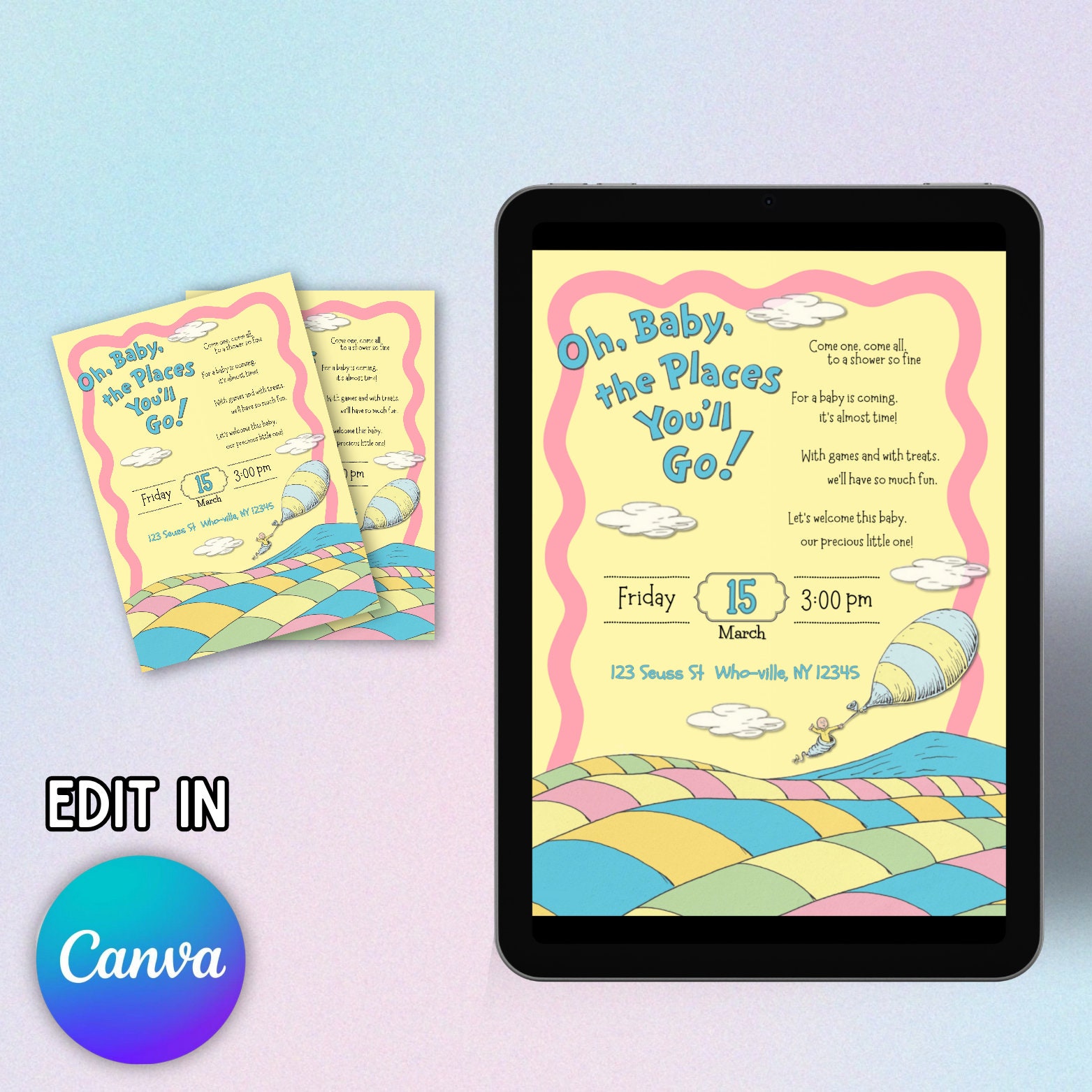 Dr Seuss, Oh Baby the Places You'll Go, Editable Printable Baby Shower ...