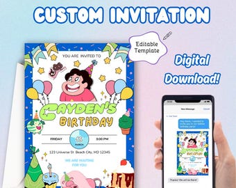 Steven Universe Editable Printable Birthday Invitation, Crystal Gems, Steven Universe Birthday Party, Cartoon Network, Garnet Amethyst Pearl