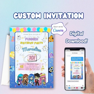 May include: A digital invitation for a birthday party with a blue and pink background. The invitation features a cartoon character named Marceline, who is turning 10. The invitation includes the date, time, and location of the party. The text on the invitation reads "Come join us for a Funneh Birthday Party as Marceline turns 10!"